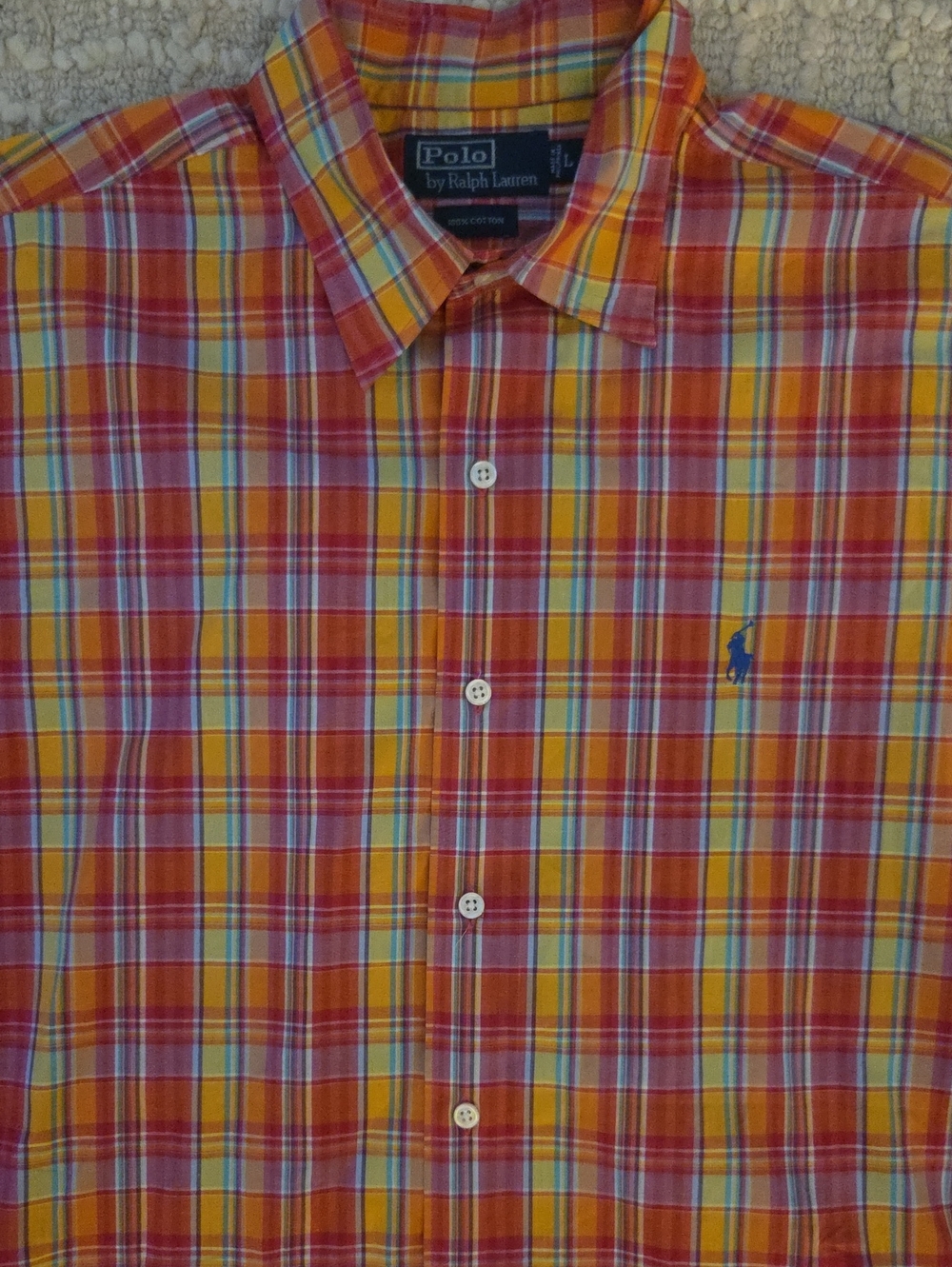 Polo by Ralph Lauren Orange, Yellow & Blue Short Sleeve Button-Down Shirt, L